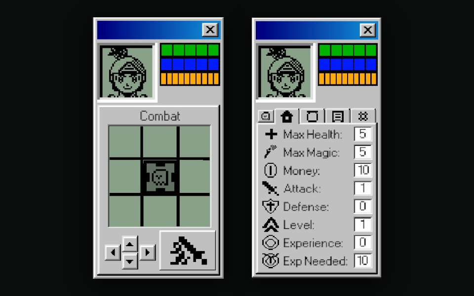 PET-RPG's combat grid and stats page in two tiny retro windows