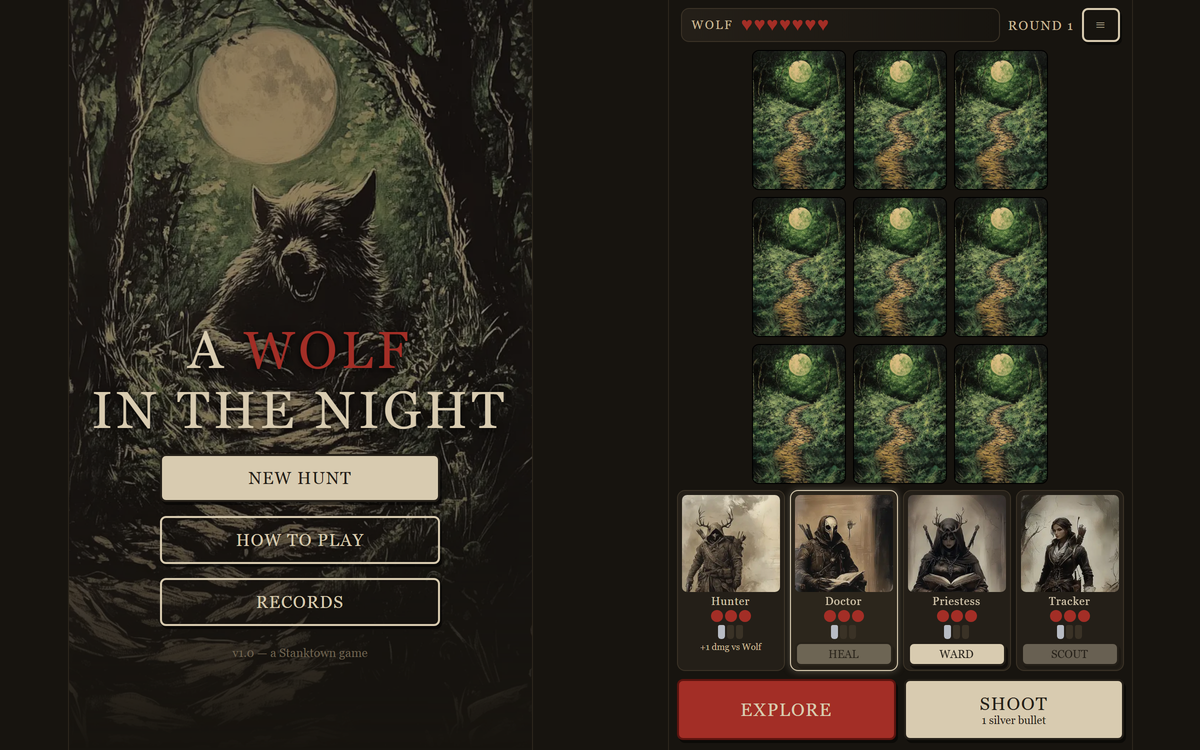 A Wolf in the Night — title screen and a hunt in progress